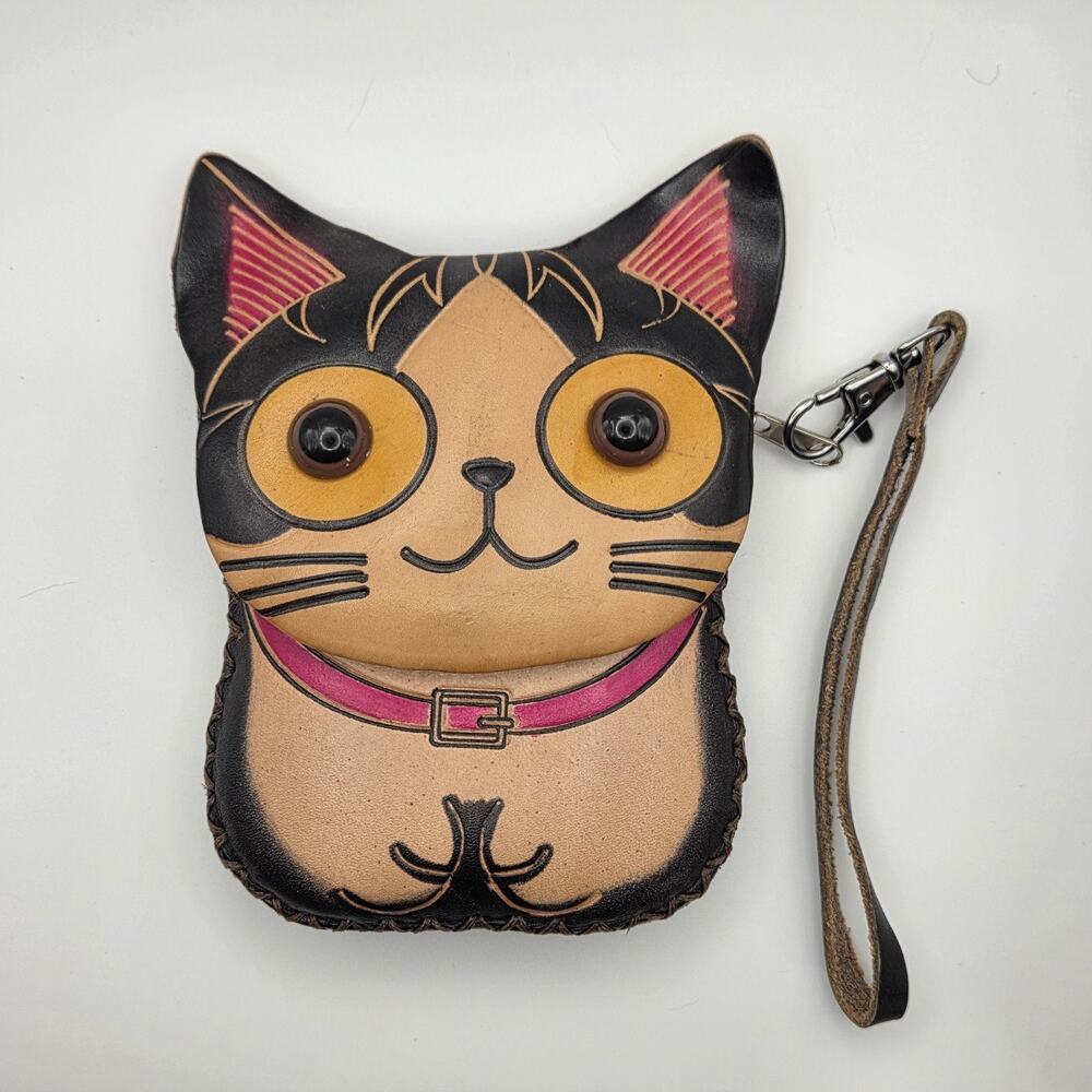 Cat Purse Handmade 6” Wristlet Genuine Leather Cat Pouch Coin Purse